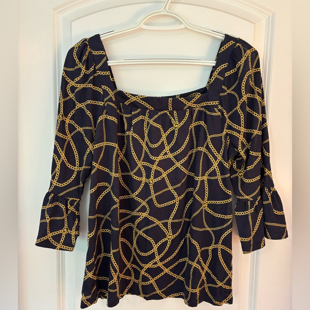Michael Kors Navy and Gold Chain Print Blouse Women’s size small NWT